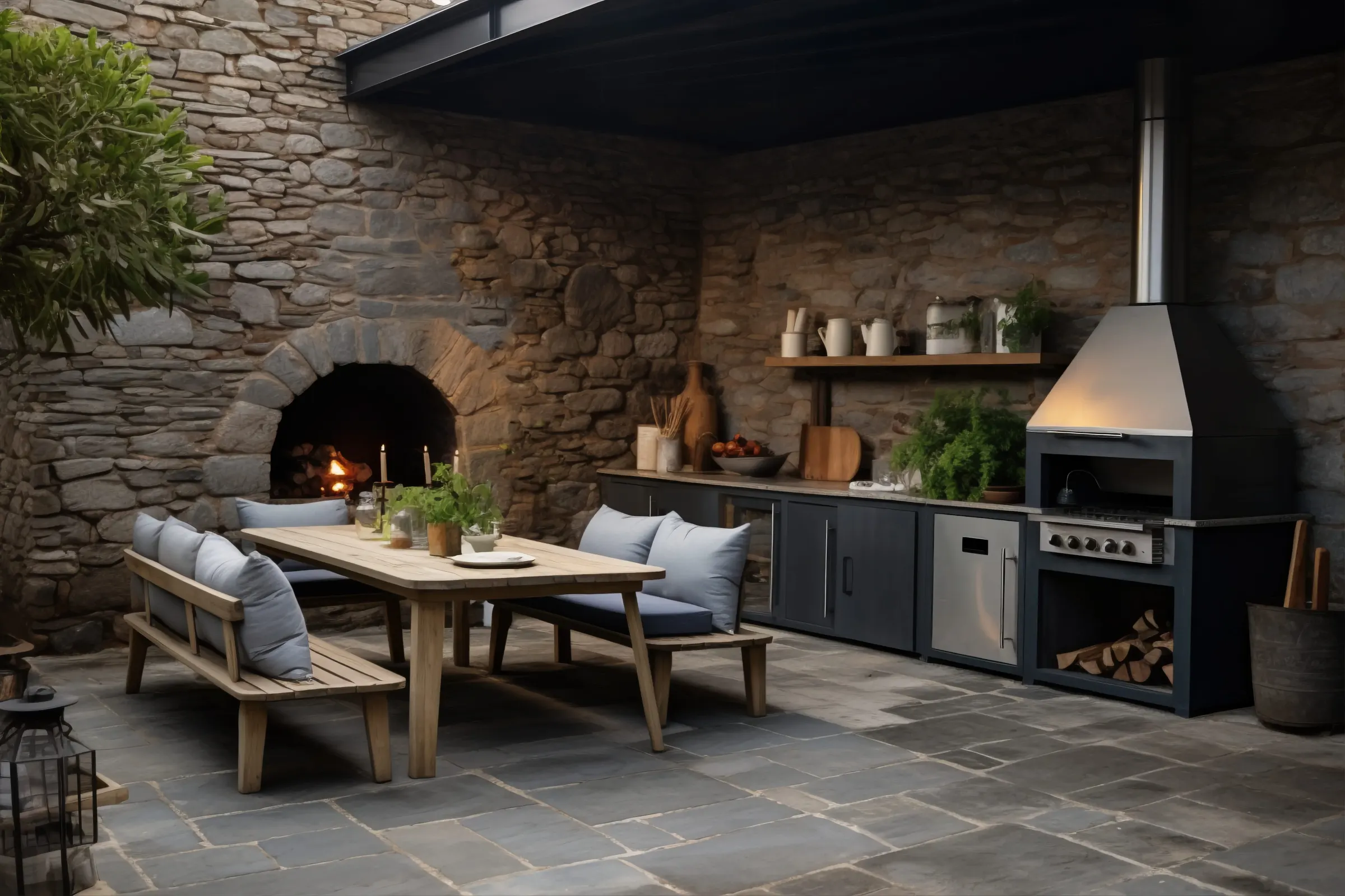 Covered outdoor kitchen and stone fireplace built by Rare Landscapes near Lake Minnetonka